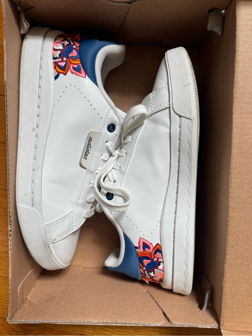 Adidas White Court Silk Embroidered Leather Sneaker